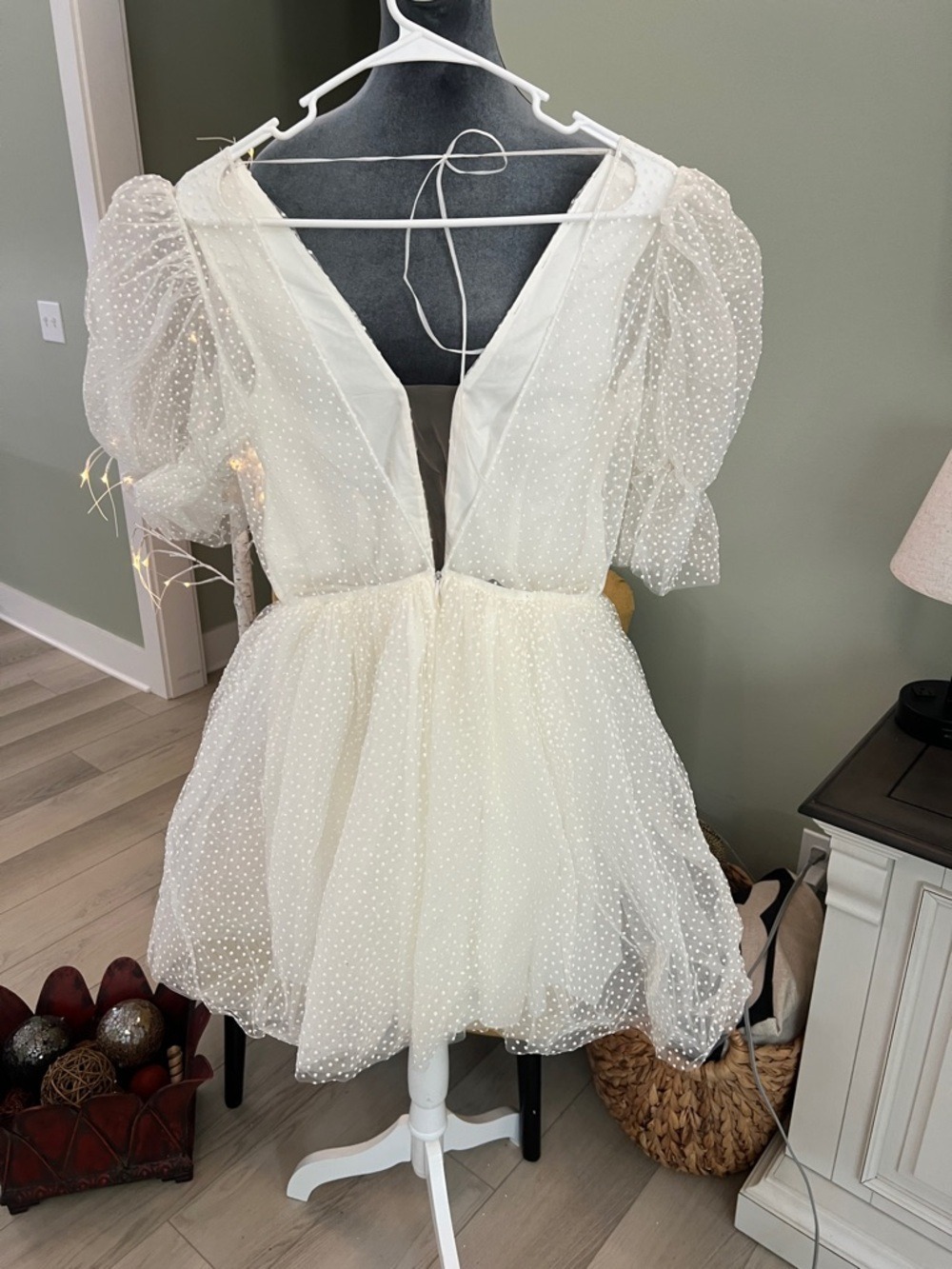 White Puff Sleeve Mini Dress with Swiss Dot Texture - Picture 3 of 8